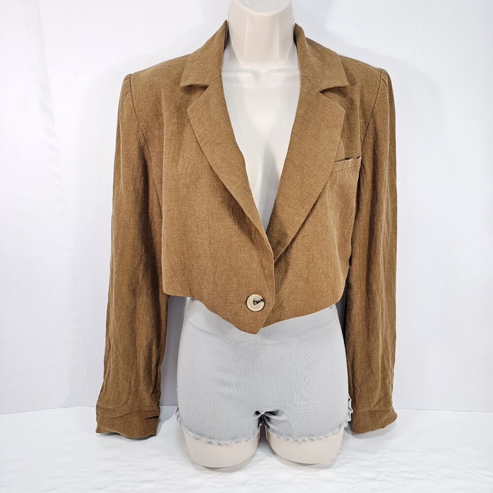 Free People Coco Cropped Blazer Brown Linen Blend Coat Jacket Size S Small